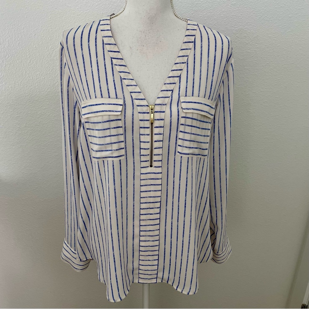 Express White & Blue Striped V-Neck Blouse w/ Gold Zipper, L